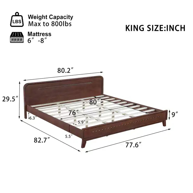 Lit The Misty Moon 82.7 X 77.6 en pin et bois massif, finition noyer foncé, taille King, sommier tapissier intégré