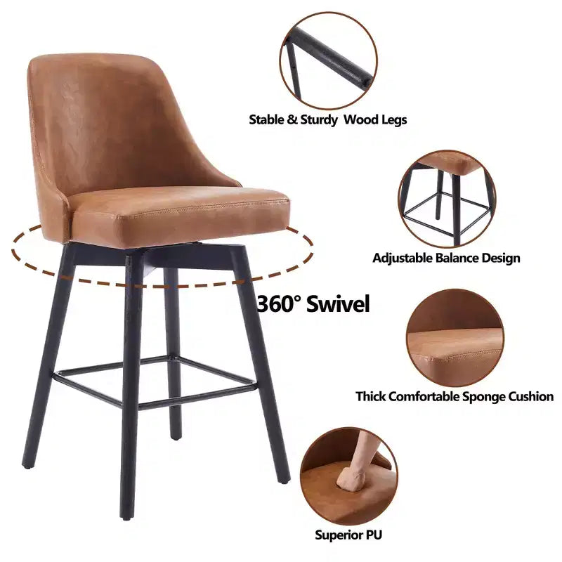 26 Tabourets de Bar Hauteur Comptoir, Chaises de Bar Mid-Century avec Dossier et Pieds en Bois pour Salle à Manger et Îlot de Cuisine