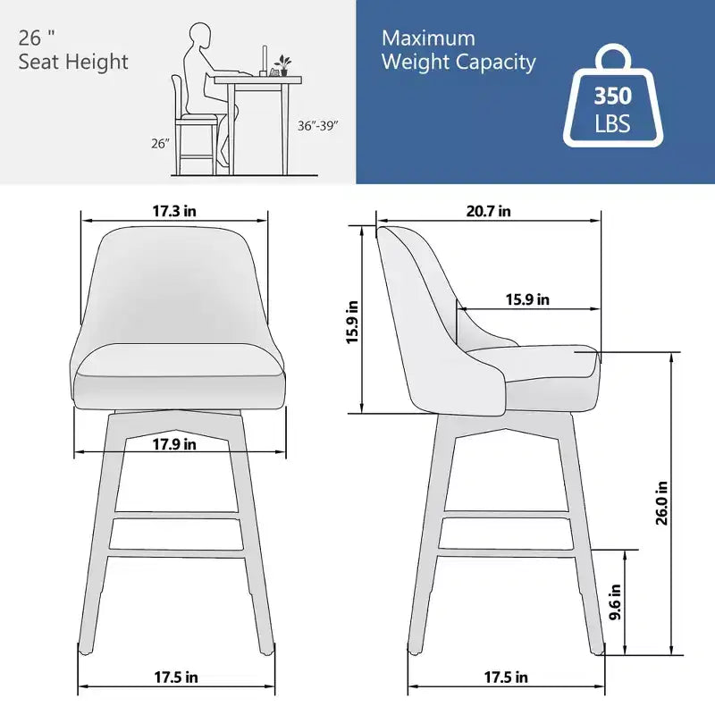 26 Tabourets de Bar Hauteur Comptoir, Chaises de Bar Mid-Century avec Dossier et Pieds en Bois pour Salle à Manger et Îlot de Cuisine