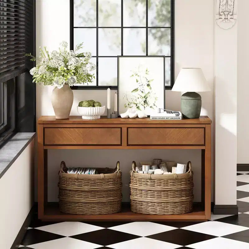 Console MAYEERTY en bois rustique avec tiroirs de rangement et étagère ouverte pour couloir et salon, couleur miel