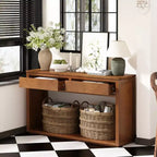 Console MAYEERTY en bois rustique avec tiroirs de rangement et étagère ouverte pour couloir et salon, couleur miel