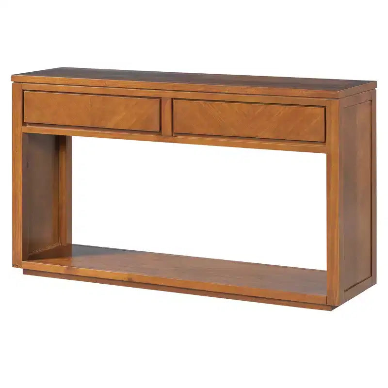 Console MAYEERTY en bois rustique avec tiroirs de rangement et étagère ouverte pour couloir et salon, couleur miel