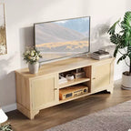 Meuble TV pour téléviseurs jusqu'à 70 pouces, meuble de divertissement en rotin avec 2 armoires et étagère ouverte, table de console média bohème pour salon, appartement