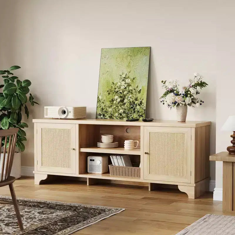 Meuble TV pour téléviseurs jusqu'à 70 pouces, meuble de divertissement en rotin avec 2 armoires et étagère ouverte, table de console média bohème pour salon, appartement