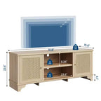 Meuble TV pour téléviseurs jusqu'à 70 pouces, meuble de divertissement en rotin avec 2 armoires et étagère ouverte, table de console média bohème pour salon, appartement