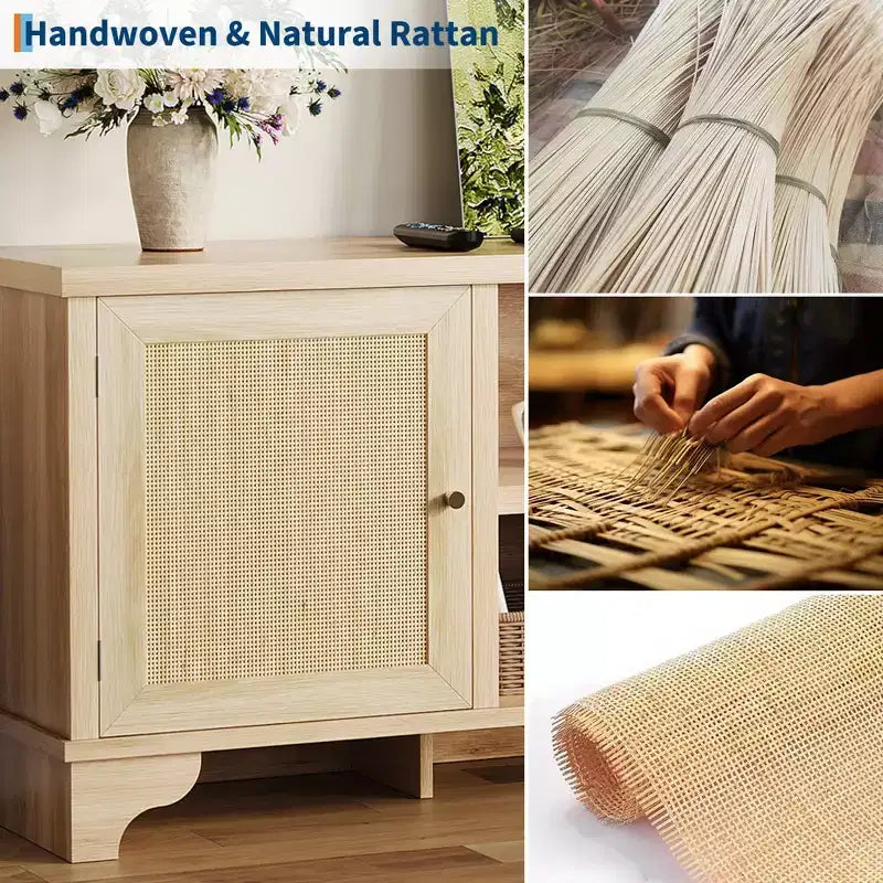 Meuble TV pour téléviseurs jusqu'à 70 pouces, meuble de divertissement en rotin avec 2 armoires et étagère ouverte, table de console média bohème pour salon, appartement