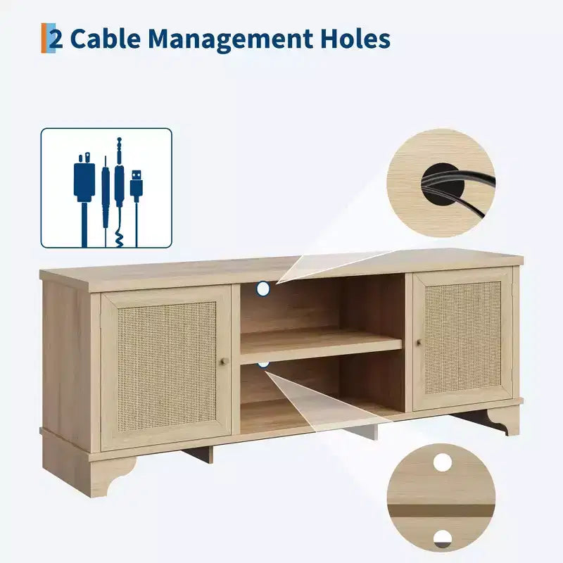 Meuble TV pour téléviseurs jusqu'à 70 pouces, meuble de divertissement en rotin avec 2 armoires et étagère ouverte, table de console média bohème pour salon, appartement