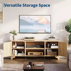 Meuble TV pour téléviseurs jusqu'à 70 pouces, meuble de divertissement en rotin avec 2 armoires et étagère ouverte, table de console média bohème pour salon, appartement
