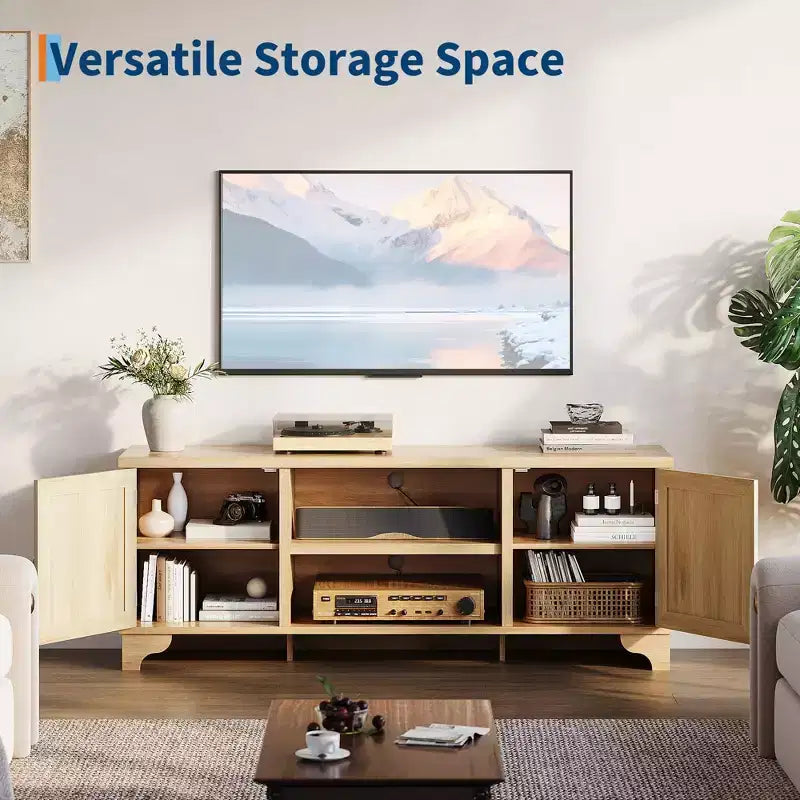 Meuble TV pour téléviseurs jusqu'à 70 pouces, meuble de divertissement en rotin avec 2 armoires et étagère ouverte, table de console média bohème pour salon, appartement