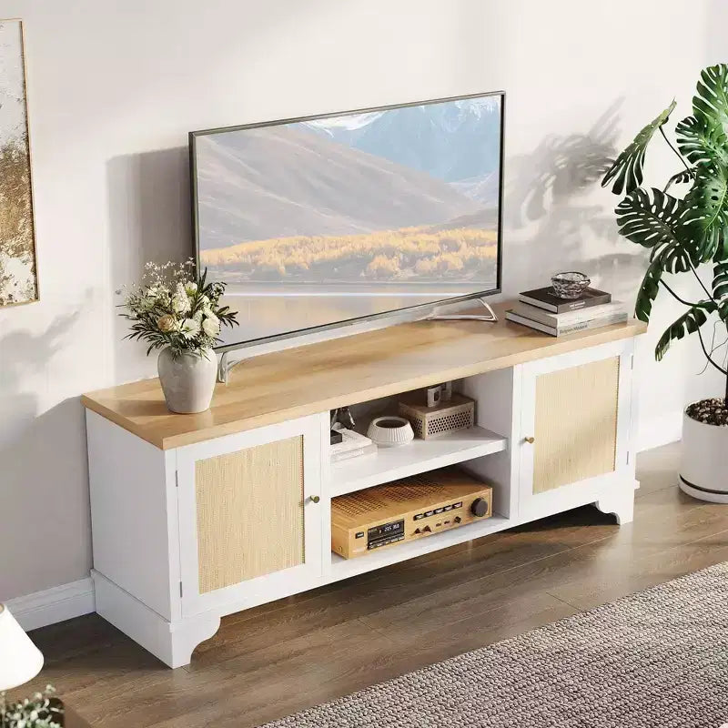 Meuble TV pour téléviseurs jusqu'à 70 pouces, meuble de divertissement en rotin avec 2 armoires et étagère ouverte, table de console média bohème pour salon, appartement