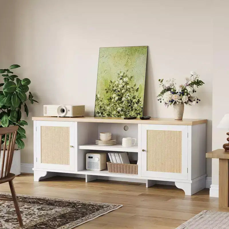 Meuble TV pour téléviseurs jusqu'à 70 pouces, meuble de divertissement en rotin avec 2 armoires et étagère ouverte, table de console média bohème pour salon, appartement