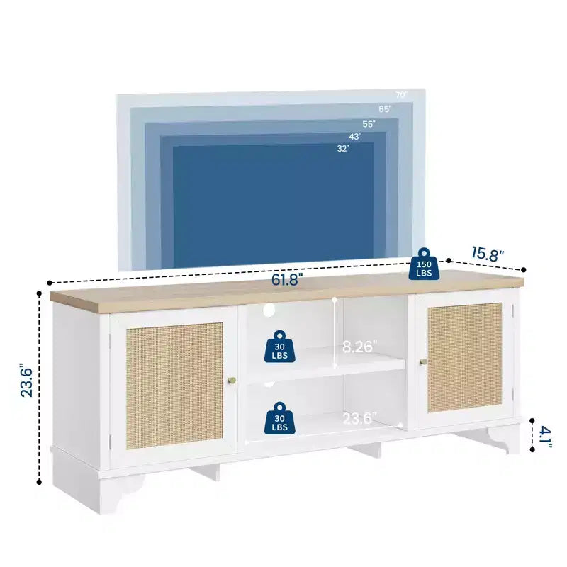Meuble TV pour téléviseurs jusqu'à 70 pouces, meuble de divertissement en rotin avec 2 armoires et étagère ouverte, table de console média bohème pour salon, appartement