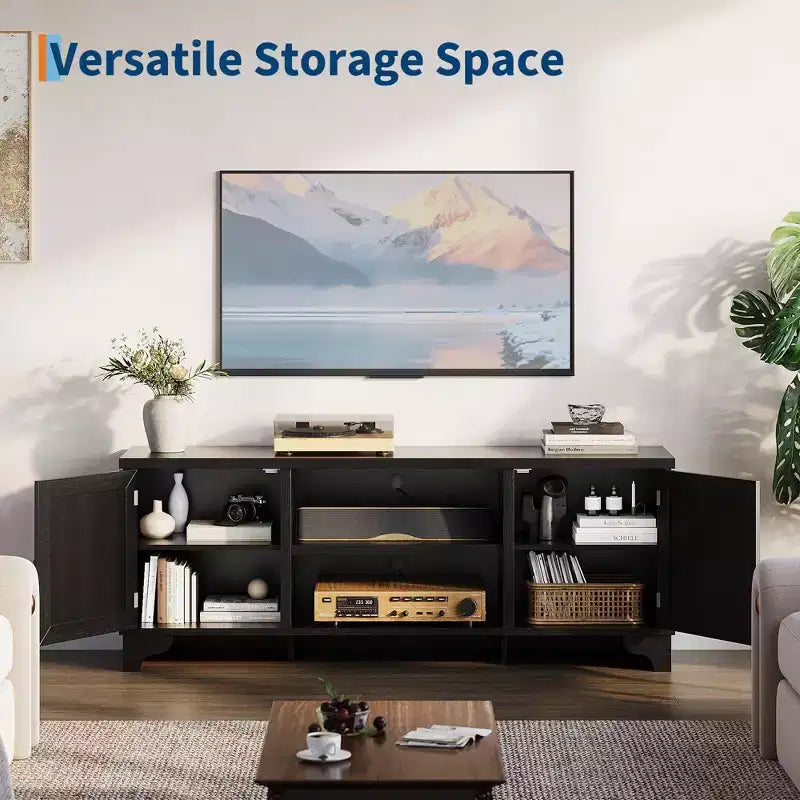 Meuble TV pour téléviseurs jusqu'à 70 pouces, meuble de divertissement en rotin avec 2 armoires et étagère ouverte, table de console média bohème pour salon, appartement