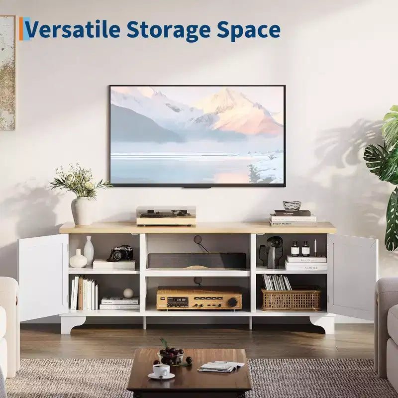 Meuble TV pour téléviseurs jusqu'à 70 pouces, meuble de divertissement en rotin avec 2 armoires et étagère ouverte, table de console média bohème pour salon, appartement