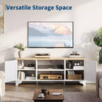 Meuble TV pour téléviseurs jusqu'à 70 pouces, meuble de divertissement en rotin avec 2 armoires et étagère ouverte, table de console média bohème pour salon, appartement