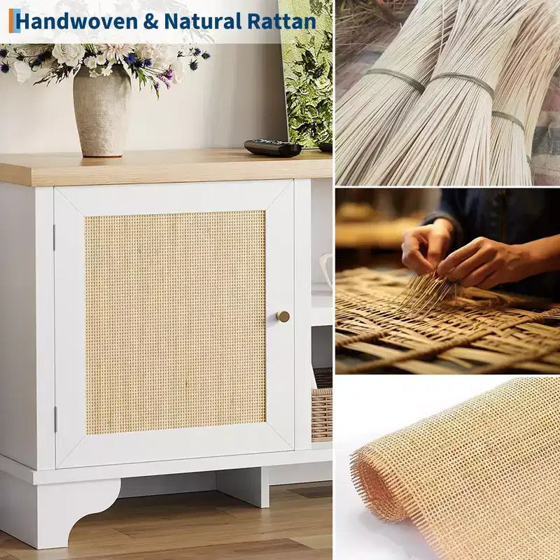Meuble TV pour téléviseurs jusqu'à 70 pouces, meuble de divertissement en rotin avec 2 armoires et étagère ouverte, table de console média bohème pour salon, appartement