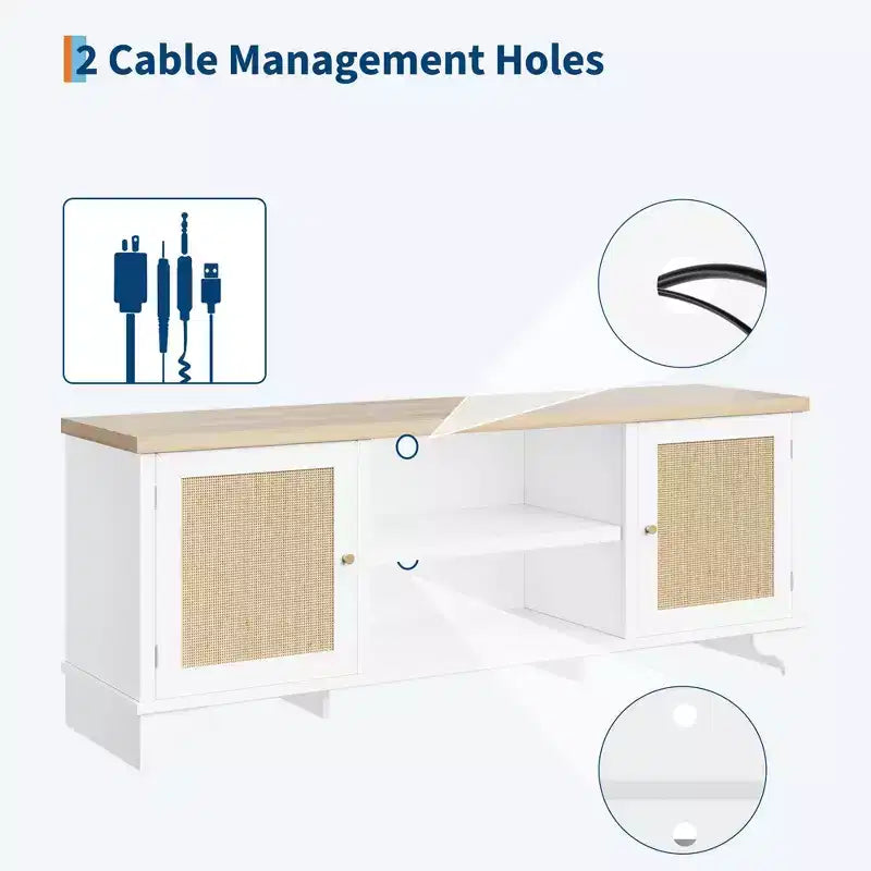 Meuble TV pour téléviseurs jusqu'à 70 pouces, meuble de divertissement en rotin avec 2 armoires et étagère ouverte, table de console média bohème pour salon, appartement