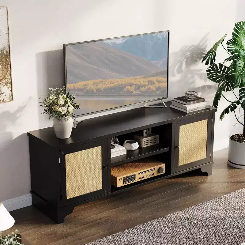 Meuble TV pour téléviseurs jusqu'à 70 pouces, meuble de divertissement en rotin avec 2 armoires et étagère ouverte, table de console média bohème pour salon, appartement