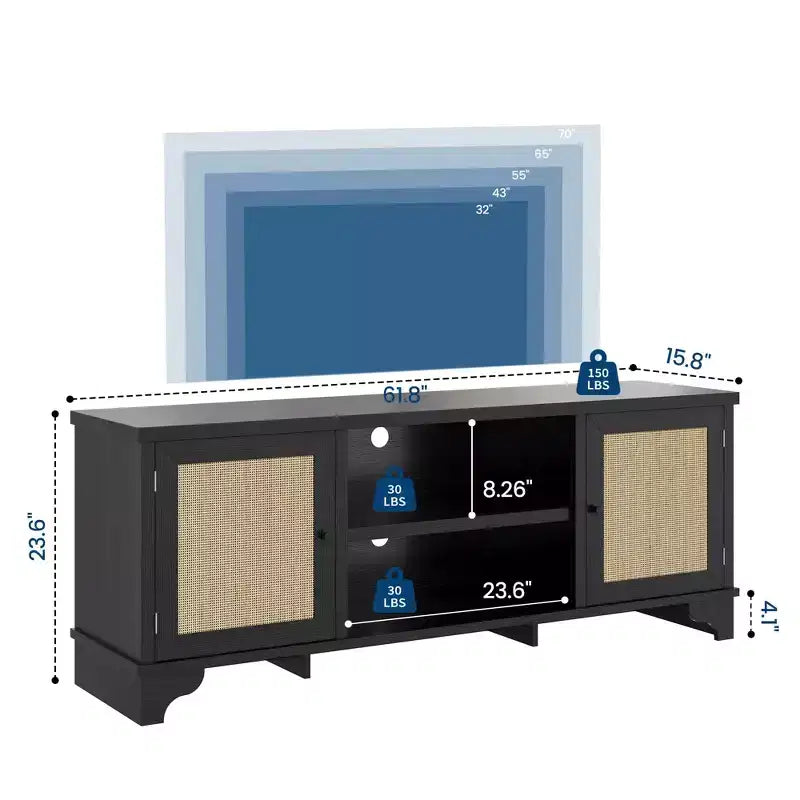Meuble TV pour téléviseurs jusqu'à 70 pouces, meuble de divertissement en rotin avec 2 armoires et étagère ouverte, table de console média bohème pour salon, appartement
