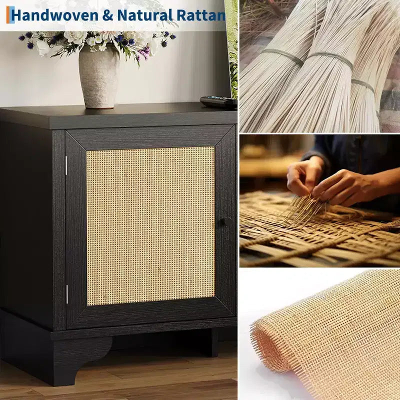 Meuble TV pour téléviseurs jusqu'à 70 pouces, meuble de divertissement en rotin avec 2 armoires et étagère ouverte, table de console média bohème pour salon, appartement