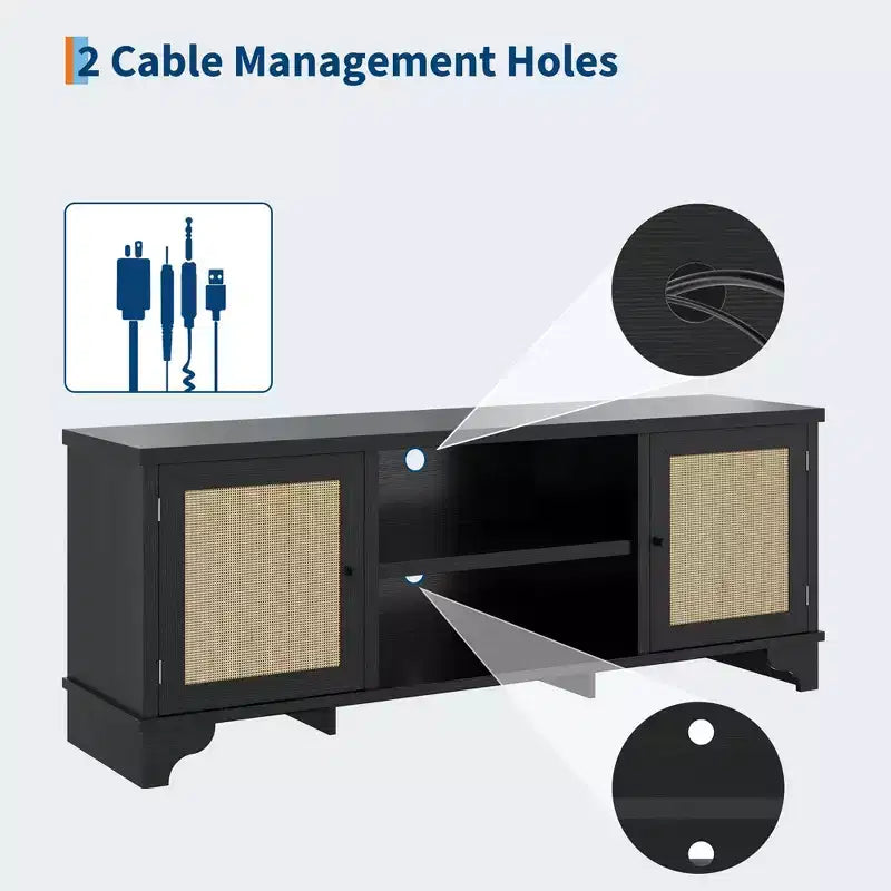 Meuble TV pour téléviseurs jusqu'à 70 pouces, meuble de divertissement en rotin avec 2 armoires et étagère ouverte, table de console média bohème pour salon, appartement