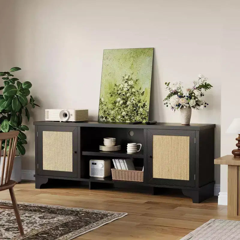 Meuble TV pour téléviseurs jusqu'à 70 pouces, meuble de divertissement en rotin avec 2 armoires et étagère ouverte, table de console média bohème pour salon, appartement