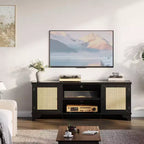 Meuble TV pour téléviseurs jusqu'à 70 pouces, meuble de divertissement en rotin avec 2 armoires et étagère ouverte, table de console média bohème pour salon, appartement