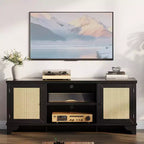 TV Stand for TVs Up to 70, Rattan Entertainment Center with 2 Cabinets & Open Shelf, Boho Media Console Table for Living Room, Apartment