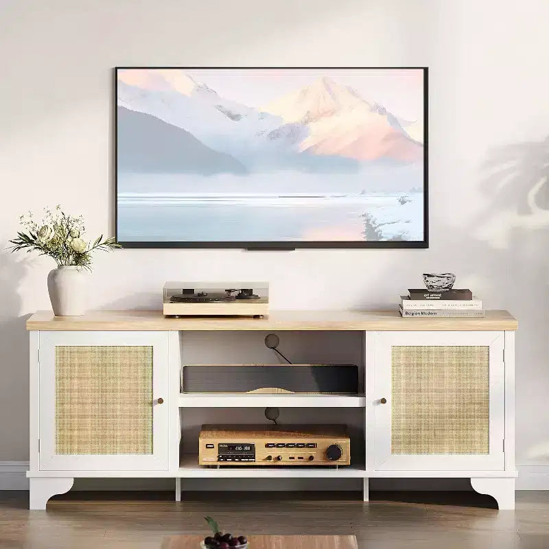 Meuble TV pour téléviseurs jusqu'à 70 pouces, meuble de divertissement en rotin avec 2 armoires et étagère ouverte, table de console média bohème pour salon, appartement