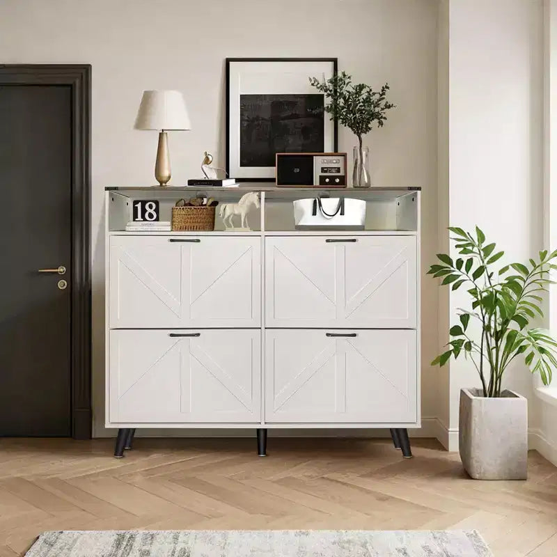 Meuble à chaussures avec 4 tiroirs basculants, étagère à chaussures autoportante avec rangement ouvert, organiseur de rangement à chaussures, meuble à chaussures étroit pour le salon