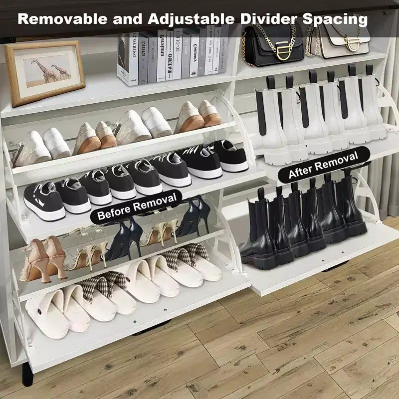 Meuble à chaussures avec 4 tiroirs basculants, étagère à chaussures autoportante avec rangement ouvert, organiseur de rangement à chaussures, meuble à chaussures étroit pour le salon