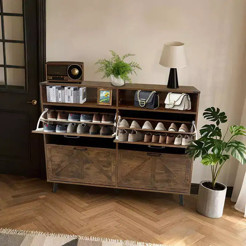 Meuble à chaussures avec 4 tiroirs basculants, étagère à chaussures autoportante avec rangement ouvert, organiseur de rangement à chaussures, meuble à chaussures étroit pour le salon