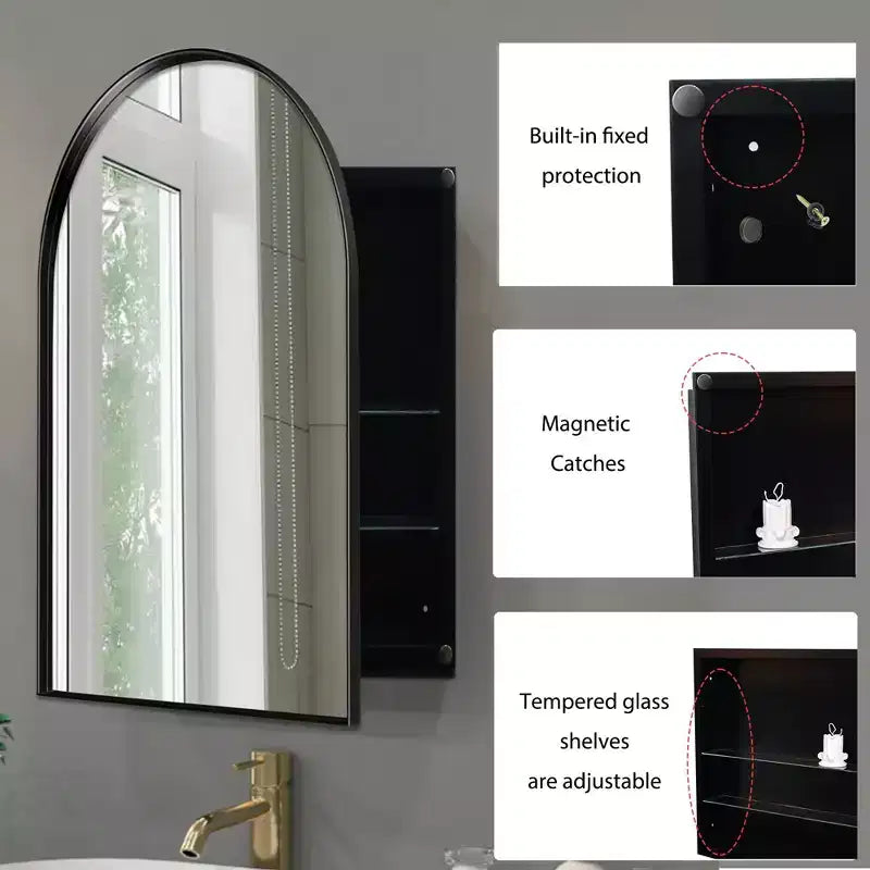 Armoire à pharmacie encastrée arquée 24x36 pouces, armoire murale de salle de bain à cadre métallique avec miroir et étagères réglables