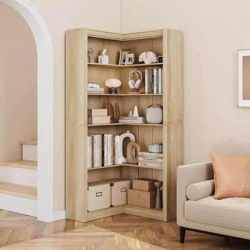 Étagère d'angle TROPOW, Bibliothèque d'angle de style fermier de 182 cm, Grande bibliothèque d'angle en L, Étagère de présentation à 5 niveaux pour livres lourds