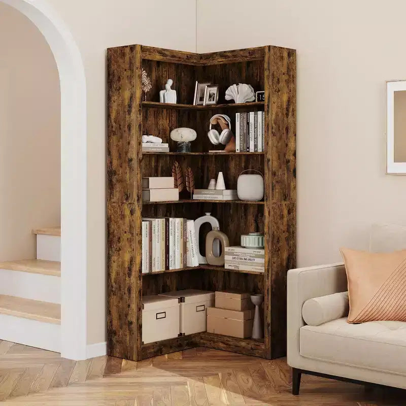 Étagère d'angle TROPOW, Bibliothèque d'angle de style fermier de 182 cm, Grande bibliothèque d'angle en L, Étagère de présentation à 5 niveaux pour livres lourds