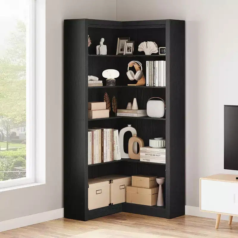 Étagère d'angle TROPOW, Bibliothèque d'angle de style fermier de 182 cm, Grande bibliothèque d'angle en L, Étagère de présentation à 5 niveaux pour livres lourds