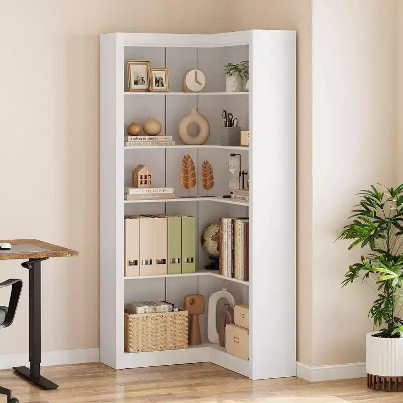 Étagère d'angle TROPOW, Bibliothèque d'angle de style fermier de 182 cm, Grande bibliothèque d'angle en L, Étagère de présentation à 5 niveaux pour livres lourds