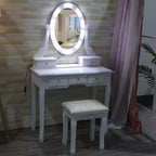 Coiffeuse moderne, ensemble de coiffeuse pour filles avec miroir éclairé et tabouret capitonné, table de maquillage avec 5 tiroirs pour chambre à coucher, coiffeuse pour enfants et femmes