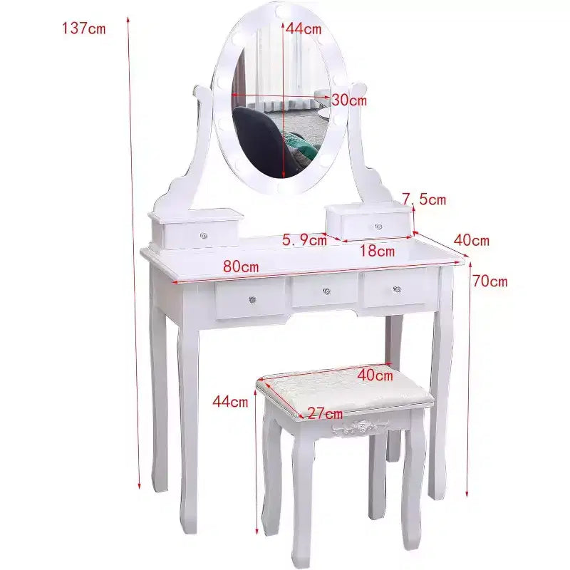 Coiffeuse moderne, ensemble de coiffeuse pour filles avec miroir éclairé et tabouret capitonné, table de maquillage avec 5 tiroirs pour chambre à coucher, coiffeuse pour enfants et femmes