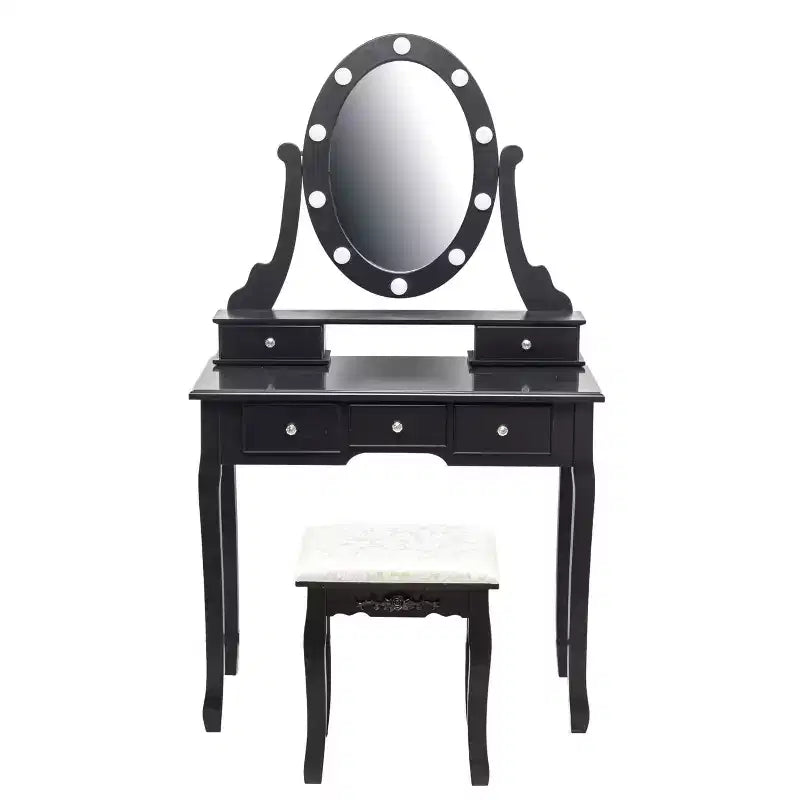 Coiffeuse moderne, ensemble de coiffeuse pour filles avec miroir éclairé et tabouret capitonné, table de maquillage avec 5 tiroirs pour chambre à coucher, coiffeuse pour enfants et femmes