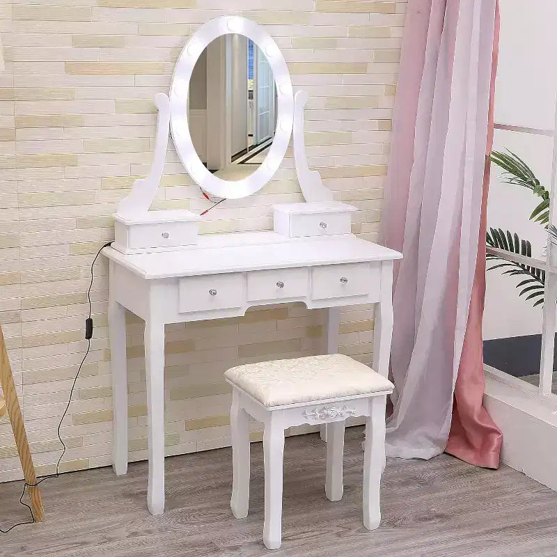 Coiffeuse moderne, ensemble de coiffeuse pour filles avec miroir éclairé et tabouret capitonné, table de maquillage avec 5 tiroirs pour chambre à coucher, coiffeuse pour enfants et femmes