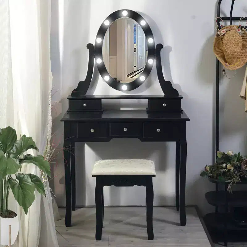 Modern Makeup Vanity, Girls Vanity Set with Lighted Mirror and Cushioned Stool,Make Up Table with 5 Drawers for Bedroom, Dressing Table for Kids Women
