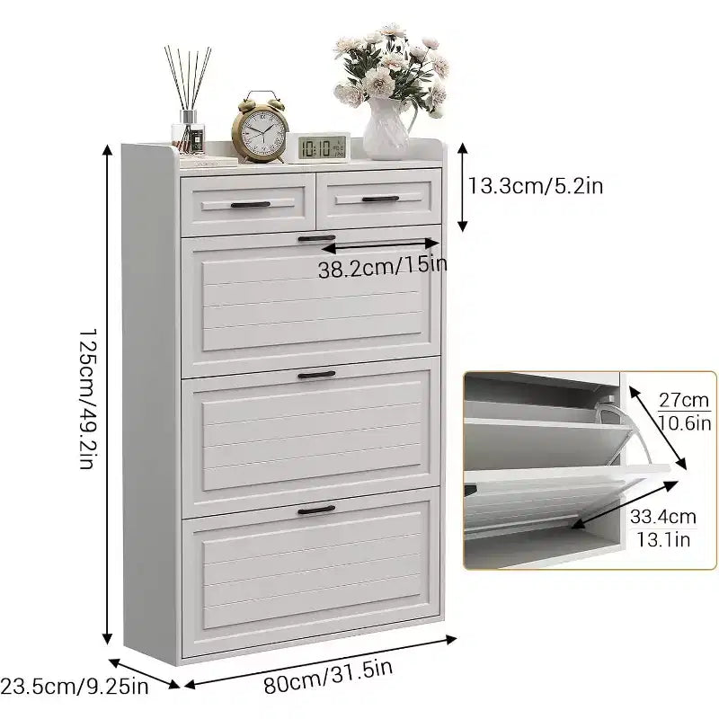 Meuble à chaussures avec 3 tiroirs basculants et 2 tiroirs de rangement, organiseur de chaussures étroit peu encombrant avec étagères réglables pour entrée, blanc