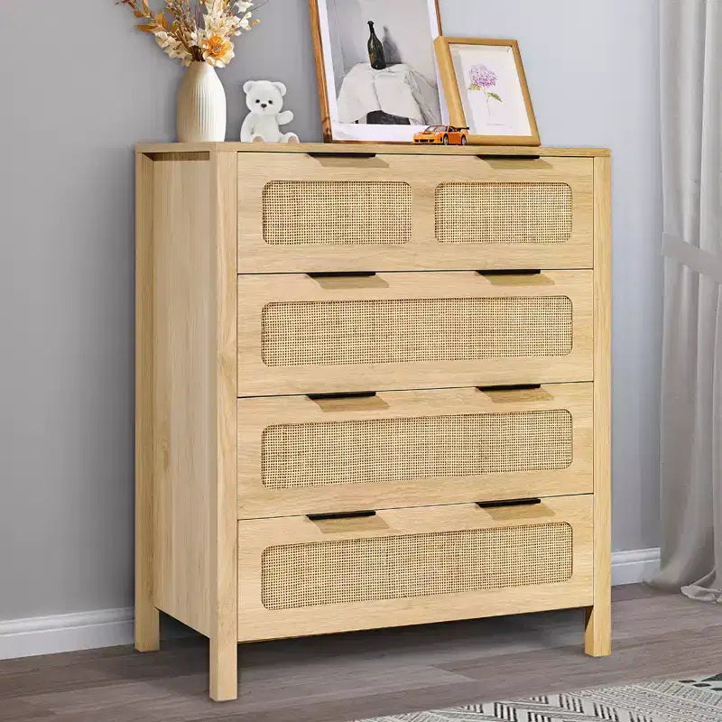 Commode 4 tiroirs en rotin VEVOR, Commode bohème, Commode en rotin avec rangement spacieux, Commode en rotin naturel, Couleur bois