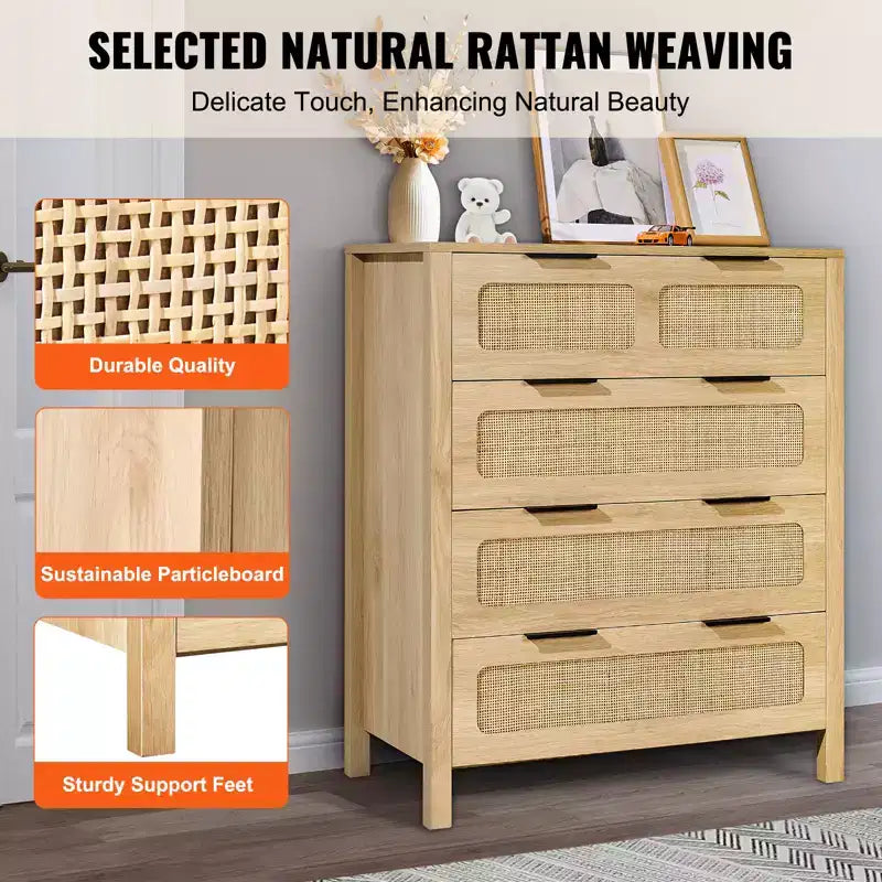 Commode 4 tiroirs en rotin VEVOR, Commode bohème, Commode en rotin avec rangement spacieux, Commode en rotin naturel, Couleur bois
