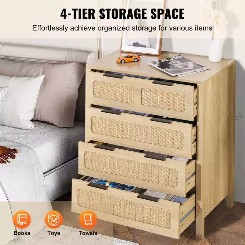 Commode 4 tiroirs en rotin VEVOR, Commode bohème, Commode en rotin avec rangement spacieux, Commode en rotin naturel, Couleur bois
