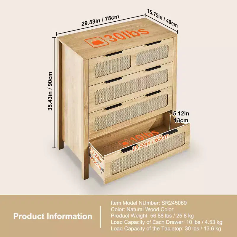 Commode 4 tiroirs en rotin VEVOR, Commode bohème, Commode en rotin avec rangement spacieux, Commode en rotin naturel, Couleur bois