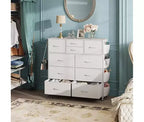 10-Drawer Storage Dresser with Side Pockets & Hooks for Bedroom, Living Room, Hallway, Closet, PU Finish, Sturdy Metal Frame, White