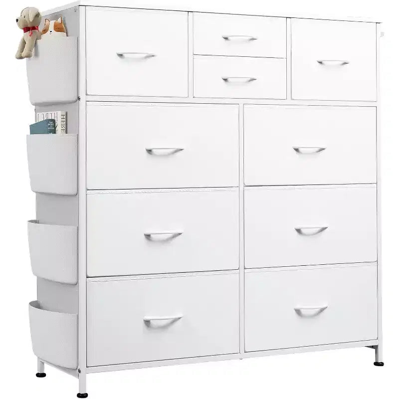 Commode de rangement à 10 tiroirs avec poches latérales et crochets pour chambre à coucher, salon, couloir, placard, finition PU, cadre en métal robuste, blanc