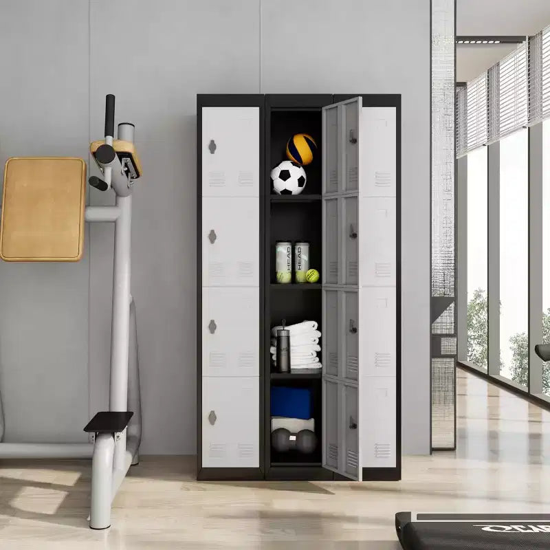 Armoire de rangement métallique 72" avec 4 portes, casiers pour employés et étudiants avec étagères, casier métallique en acier pour l'école, le bureau, la salle de sport, gris + noir